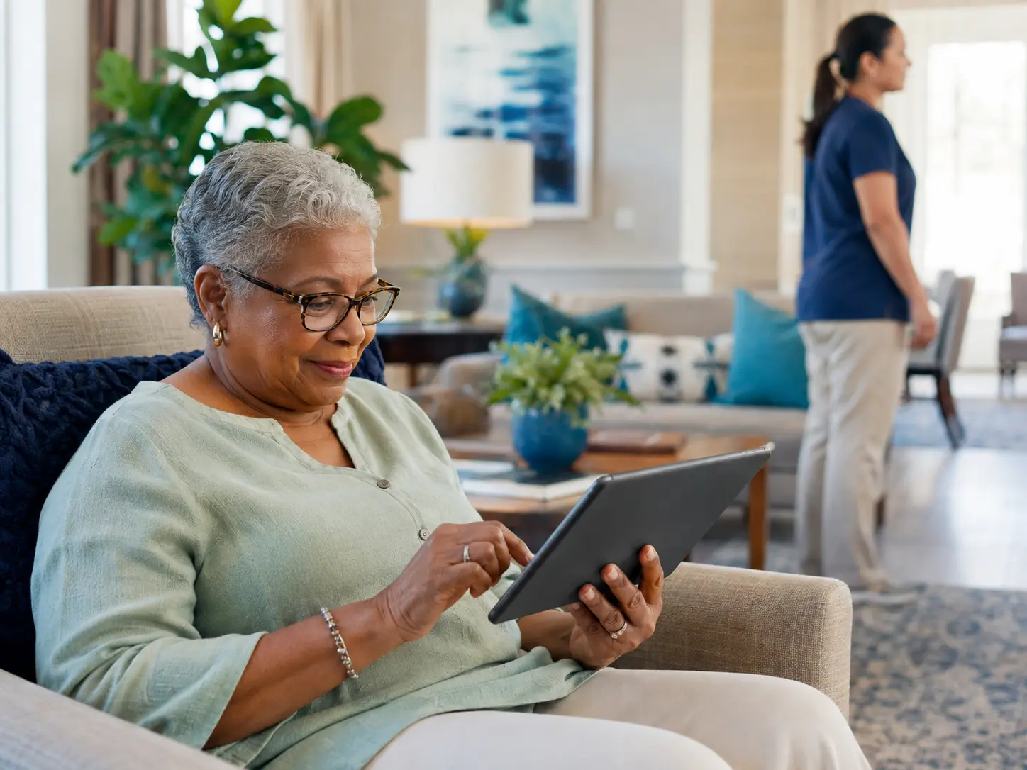 Older adult independently completing a satisfaction survey on a tablet