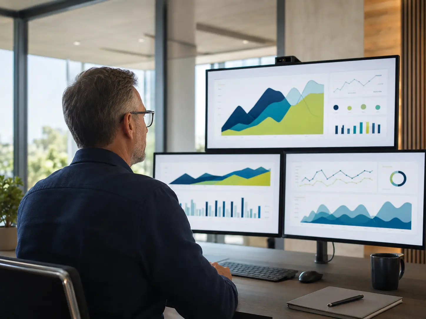 Senior-care operations director reviewing facility performance dashboards
