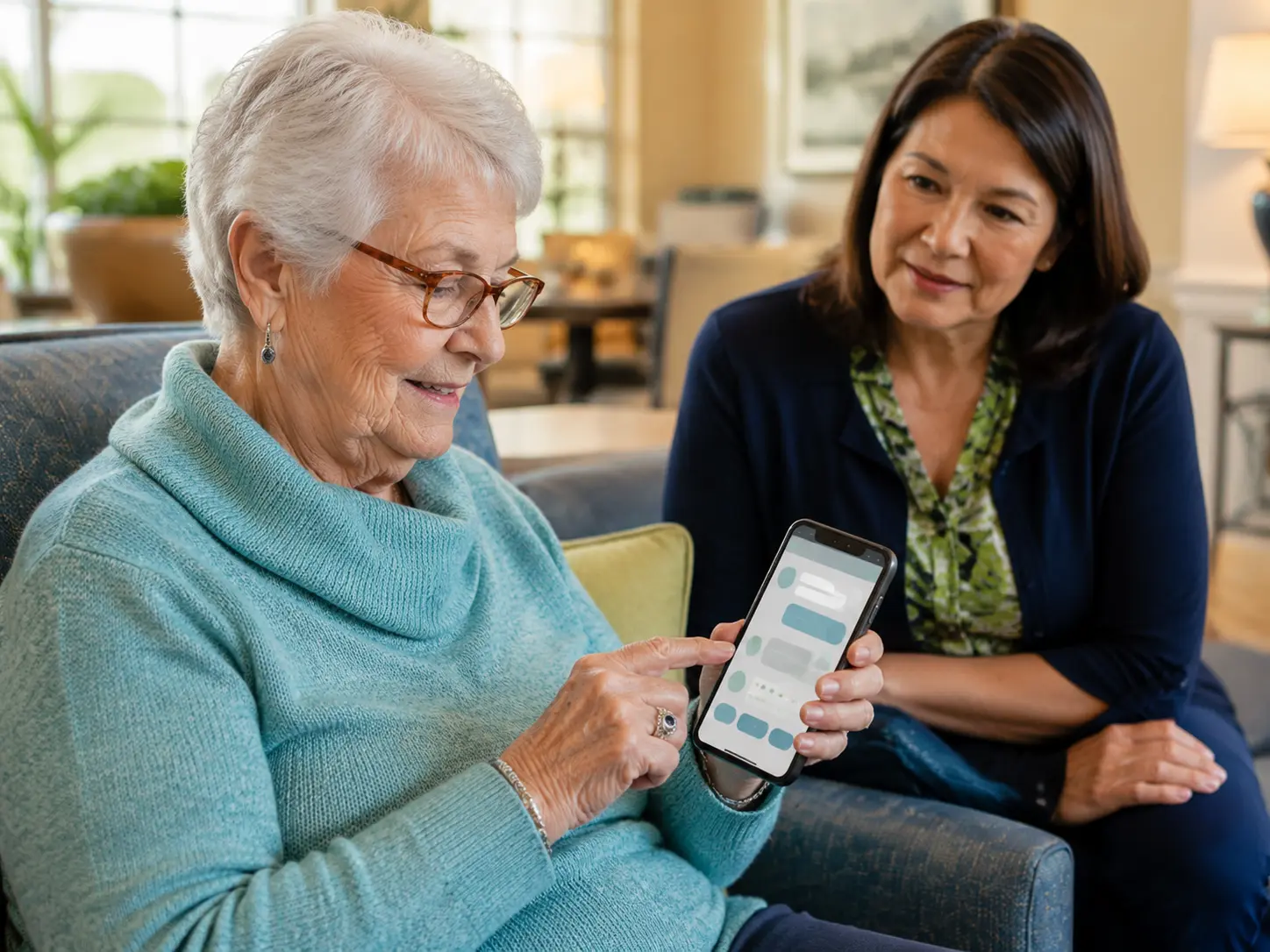 Older resident completing a text-message survey with staff support